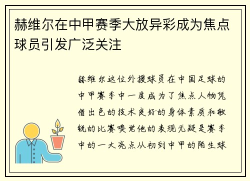 赫维尔在中甲赛季大放异彩成为焦点球员引发广泛关注