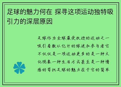 足球的魅力何在 探寻这项运动独特吸引力的深层原因